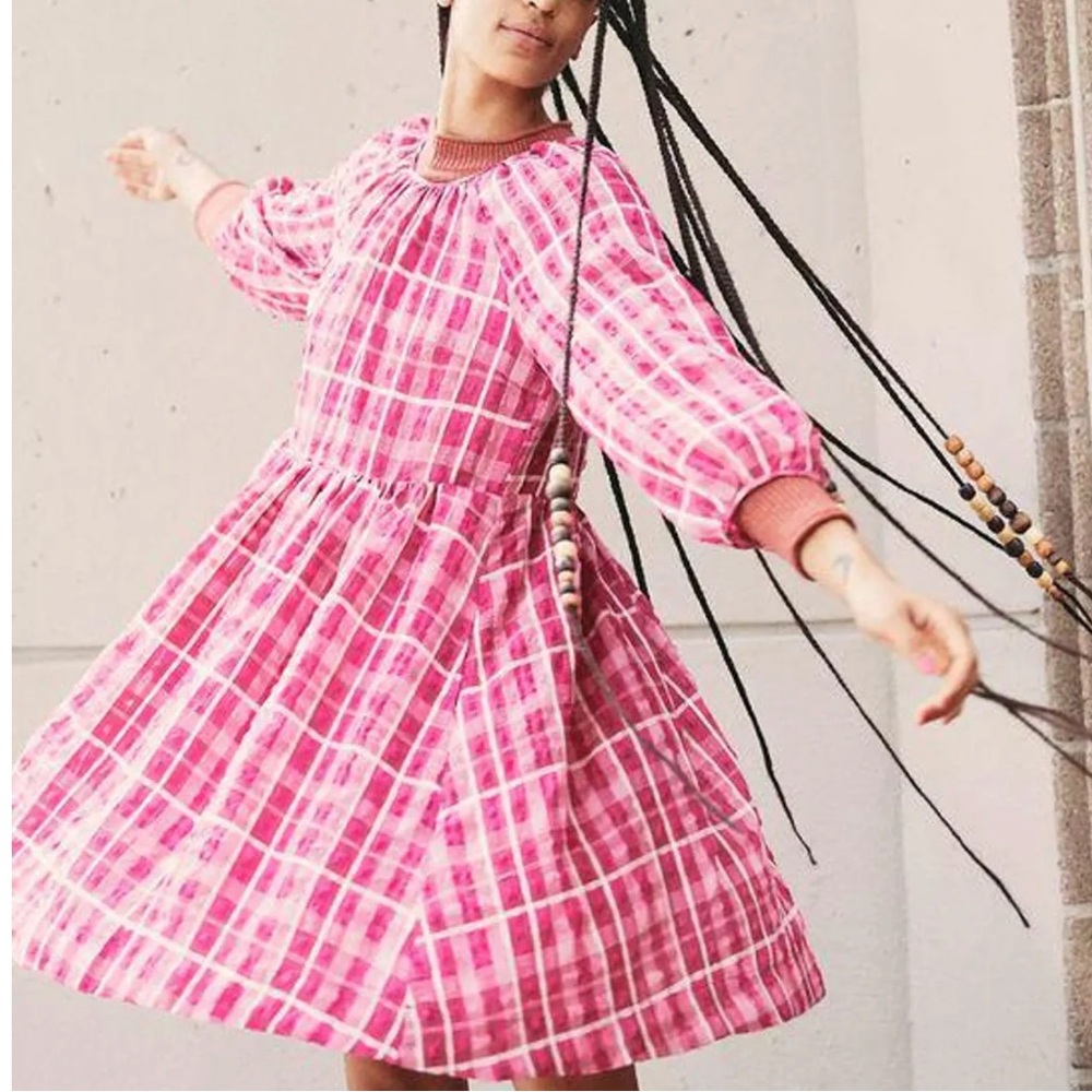 Madewell Pink Plaid Babydoll Mini Dress Medium Long Sleeve Lined Cottagecore